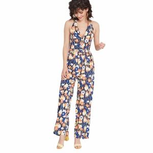 Modcloth Linen Retro Floral Jumpsuit Halter M Belt